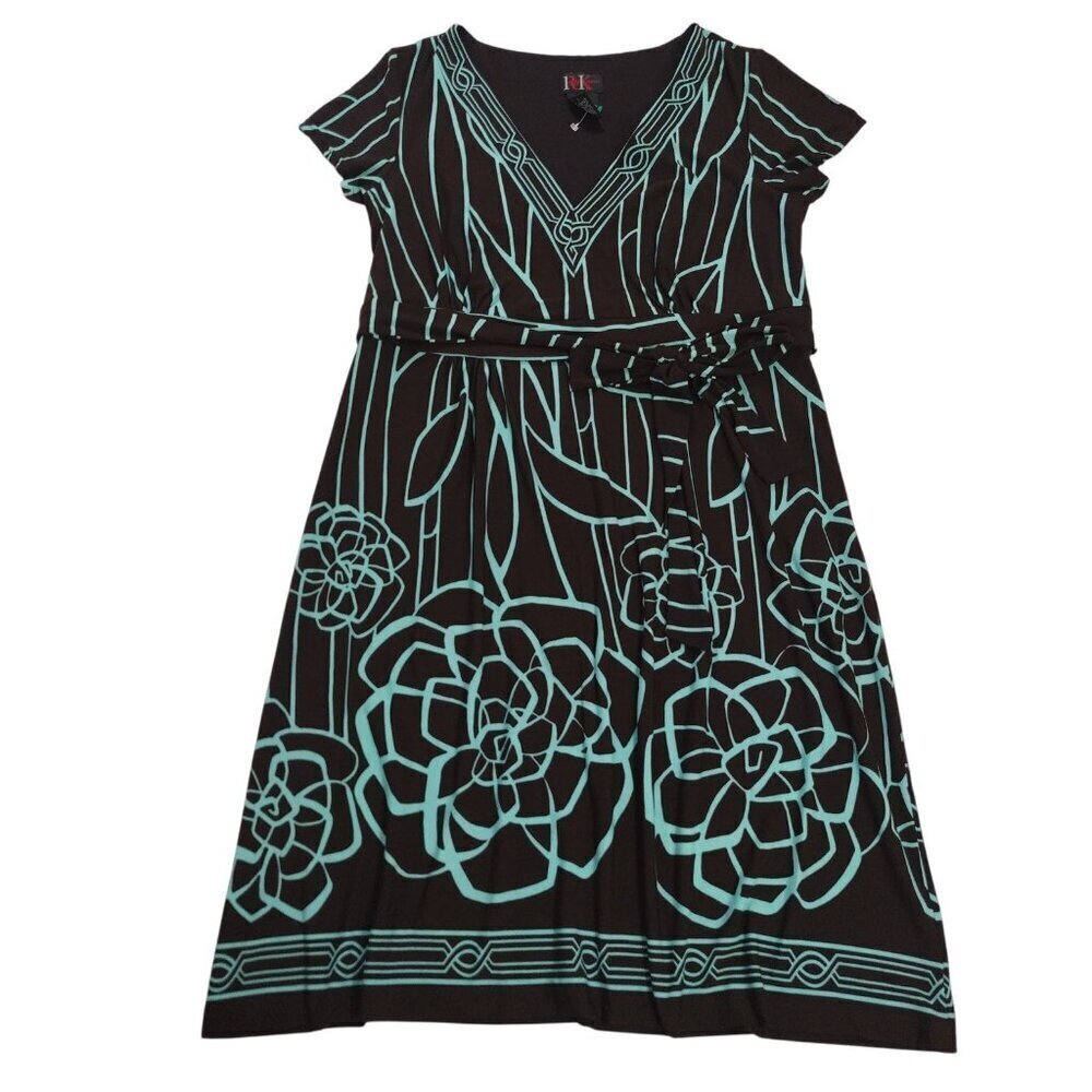 R&K Originals Floral Patterned Dress V-Neckline Belted Waist Womens Size 16.